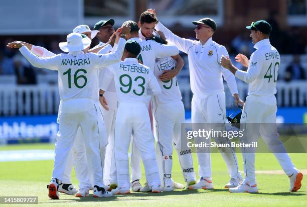 Marco Jansen celebrates after taking the last wicket of James Anderson of England to win the match on day three of the First LV= Insurance Test Match...