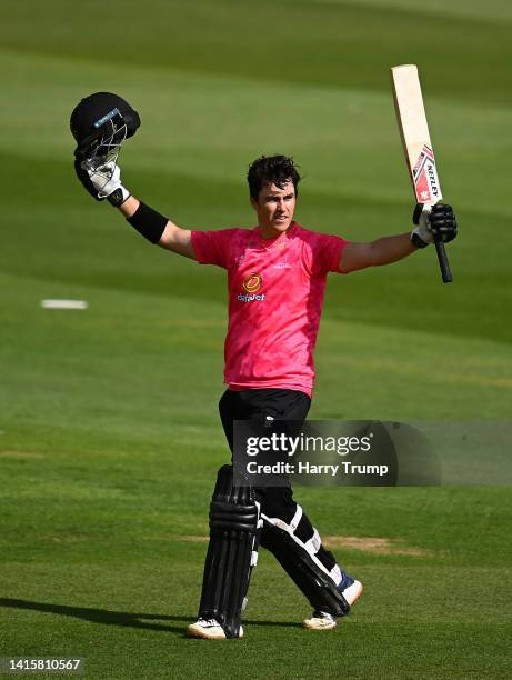 Ali Orr of Sussex celebrates their century during the Royal London One Day Cup match between Somerset and Sussex at The Cooper Associates County...