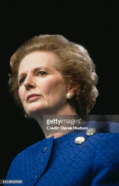 Close-up of British Prime Minister Margaret Thatcher during an event on her UK general election campaign, Great Britain, May or June 1987.