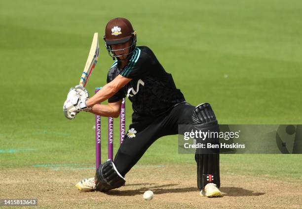 Tom Lawes of Surrey in action during the Royal London Cup match between Surrey and Gloucestershire at The Kia Oval on August 19, 2022 in London,...