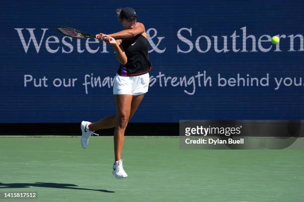 Madison Keys of the United States returns a shot against Elena Rybakina of Kazakhstan during their Women's Singles Quarterfinal match on day seven of...