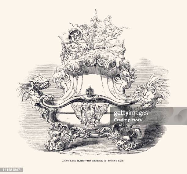 stockillustraties, clipart, cartoons en iconen met ascot race plate : the emperor of russia's vase. equestrian event  (xxxl design element with lots of details) - animal win