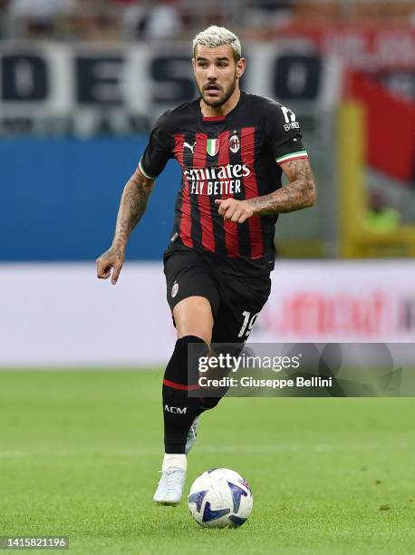 Theo Hernandez of AC Milan in action during the Serie A match between AC Milan and Udinese Calcio at Stadio Giuseppe Meazza on August 13, 2022 in...