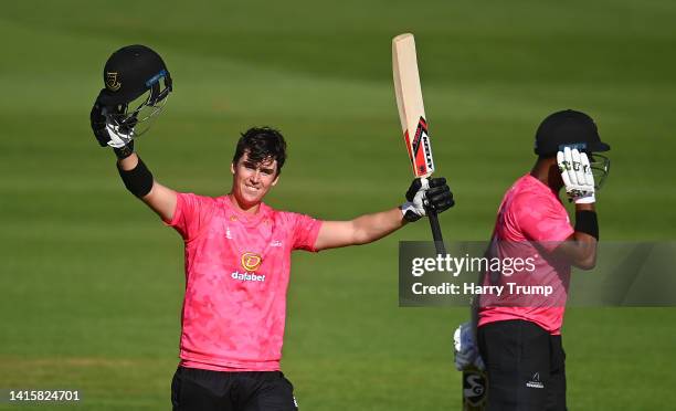 Ali Orr of Sussex celebrates their double century during the Royal London One Day Cup match between Somerset and Sussex at The Cooper Associates...