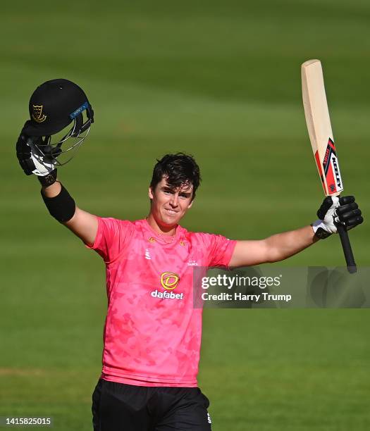 Ali Orr of Sussex celebrates their double century during the Royal London One Day Cup match between Somerset and Sussex at The Cooper Associates...