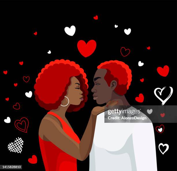 portret black woman kissing a man black background. afro hairstyle. - blowing a kiss stock illustrations