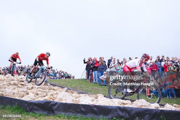 Bartlomiej Wawak of Poland and Emil Hasund Eid of Norway compete in the Men's Cross-Country during the cycling Mountain Bike competition on day 9 of...