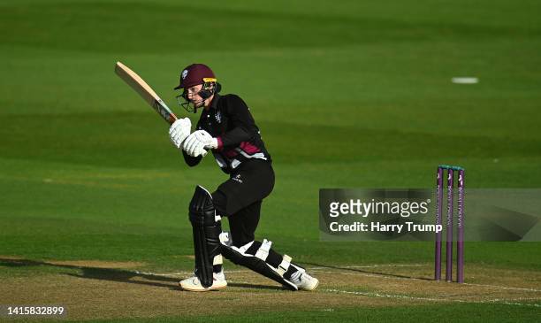 Lewis Goldsworthy of Somerset plays a shot during the Royal London One Day Cup match between Somerset and Sussex at The Cooper Associates County...