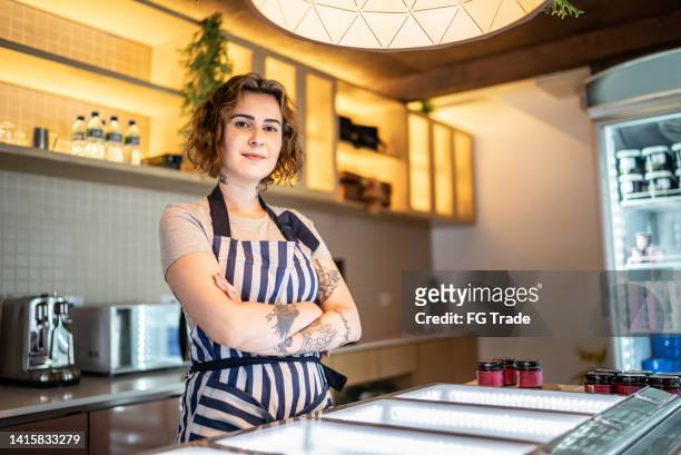 portrait of an mid adult woman ice cream shop owner - ice cream parlour stock pictures, royalty-free photos & images