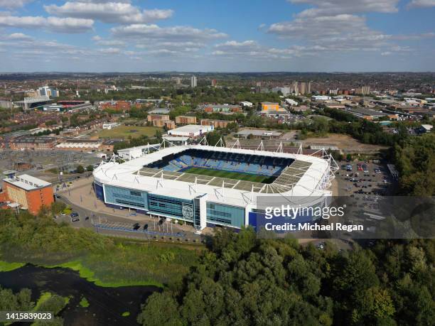 An aerial view of the King Power Stadium, home of Leicester City Football Club on August 19, 2022 in Leicester, England.