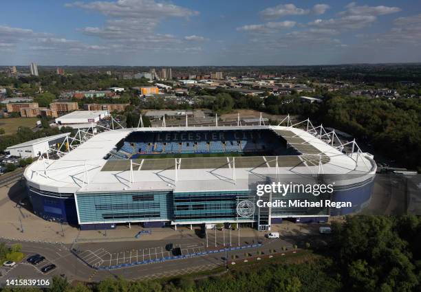 An aerial view of the King Power Stadium, home of Leicester City Football Club on August 19, 2022 in Leicester, England.