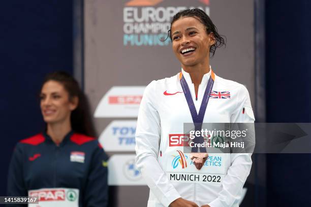 Bronze medalist Jazmin Sawyers of Great Britain poses on the podium during the Athletics - Women's Long Jump Medal Ceremony on day 9 of the European...