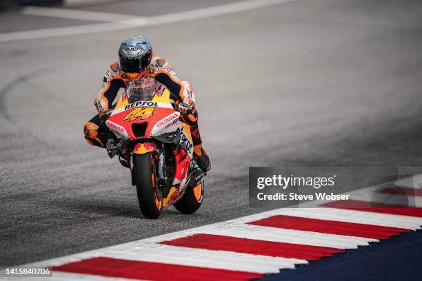 Pol Espargaro of Spain and Repsol Honda Team rides during the free practice of the CryptoDATA MotoGP of Austria at Red Bull Ring on August 19, 2022...