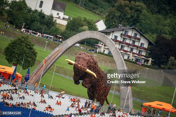View of the Bull and the Schoenberghof Hotel during the free practice of the CryptoDATA MotoGP of Austria at Red Bull Ring on August 19, 2022 in...