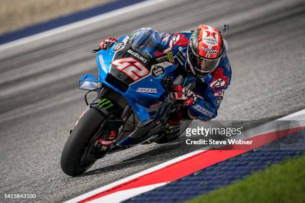 Alex Rins of Spain and Team SUZUKI ECSTAR rides during the free practice of the CryptoDATA MotoGP of Austria at Red Bull Ring on August 19, 2022 in...