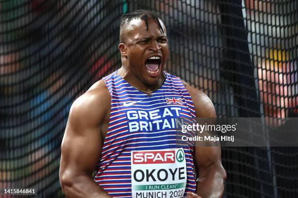 Lawrence Okoye of Great Britain reacts during the Athletics - Men's Discus Throw Final on day 9 of the European Championships Munich 2022 at...