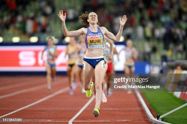 Gold medalist Laura Muir of Great Britain celebrates while crossing the finish line during the Athletics - Women's 1500m Final on day 9 of the...