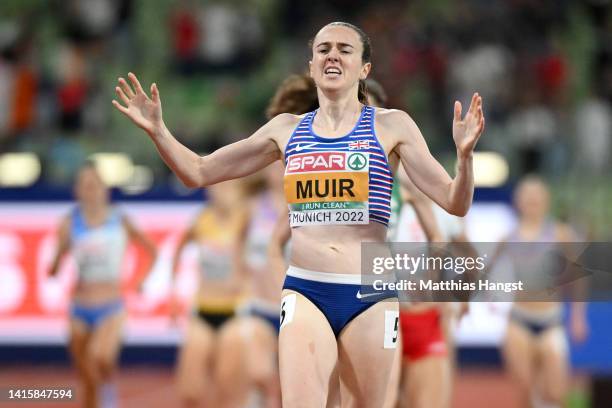 Gold medalist Laura Muir of Great Britain celebrates while crossing the finish line during the Athletics - Women's 1500m Final on day 9 of the...