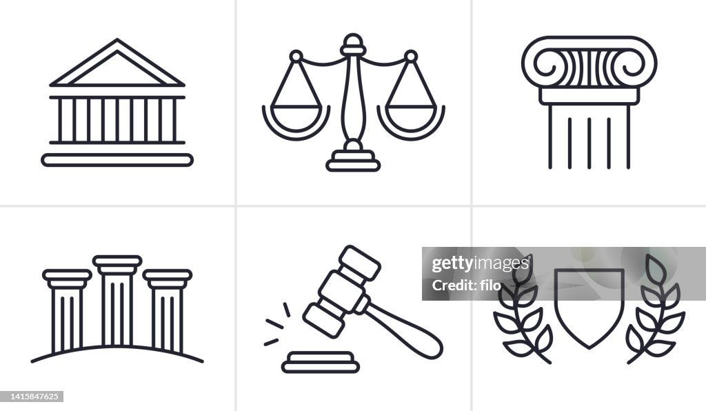 Icônes et symboles de ligne de droit juridique et judiciaire