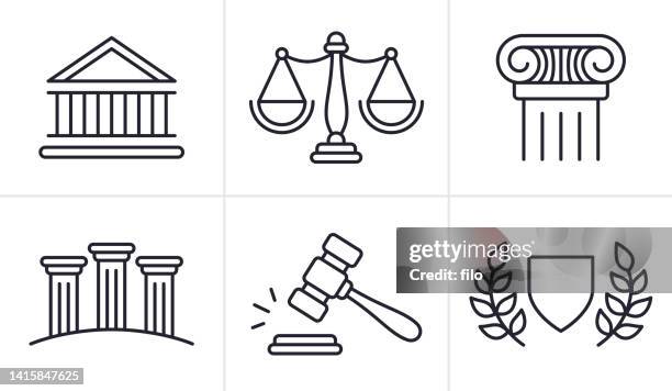 illustrazioni stock, clip art, cartoni animati e icone di tendenza di icone e simboli della linea legale e giudiziaria - sistema legale