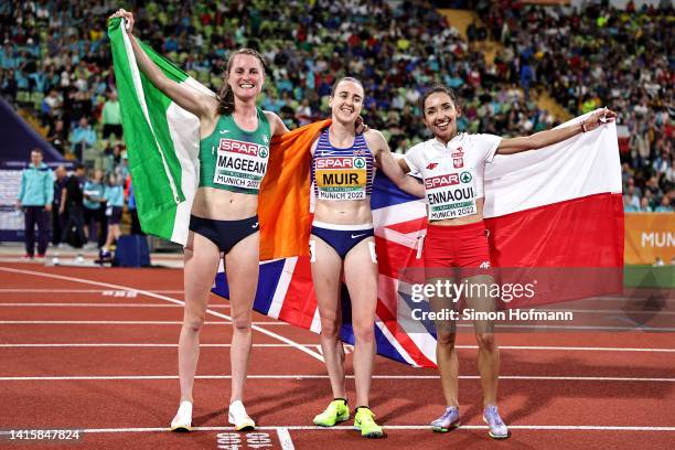 Silver medalist Ciara Mageean of Ireland, Gold medalist Laura Muir of Great Britain and Bronze medalist Sofia Ennaoui of Poland celebrate after the...