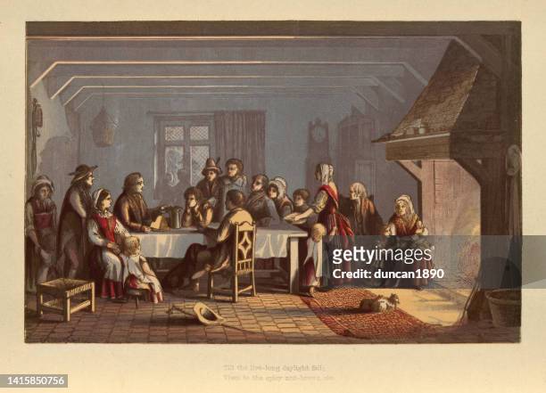 group of people gathering round a warm fire on dark winters evening, victorian, 19th century art - warming up stock illustrations