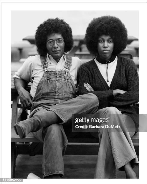 Portrait of an unidentified couple, both with large Afros, as they sit side-by-side on a picnic bench, Los Angeles, California, February 1972.