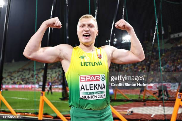 Gold medalist Mykolas Alenka of Lithuania celebrates after the Athletics - Men's Discus Throw Final on day 9 of the European Championships Munich...