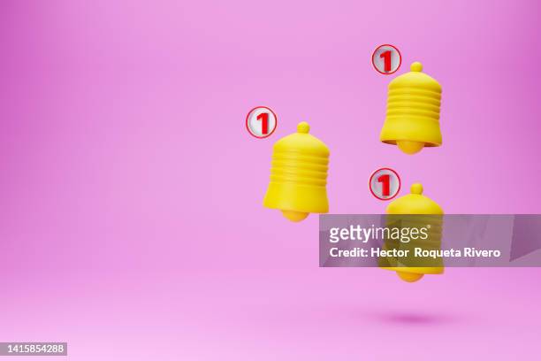 3d render of yellow bells with notification on pink background - alert 3 stock pictures, royalty-free photos & images