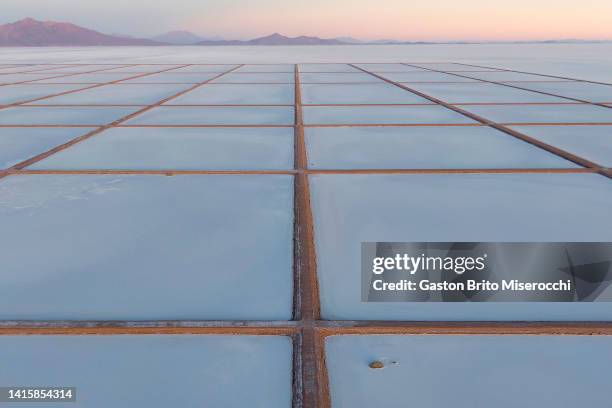 Aerial view of the salt recovery pools in different degrees of evaporation at the Llipi pilot Plant in the Uyuni Salt Flats on August 14, 2022 in...