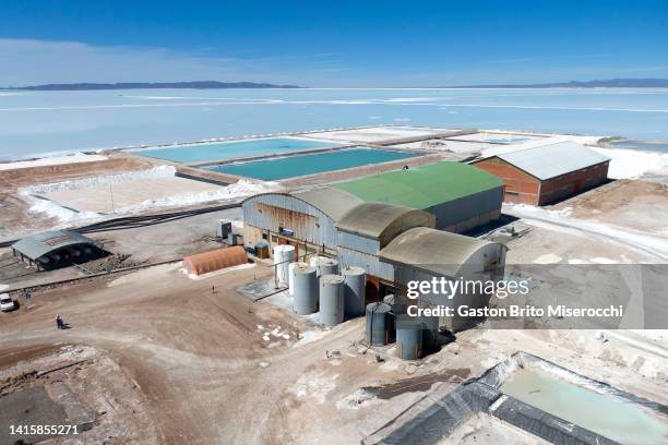 Aerial view of the Lip pilot plant at the Llipi pilot Plant in the Uyuni Salt Flats on August 14, 2022 in Uyuni, Bolivia. The Uyuni Salt Flats, in...