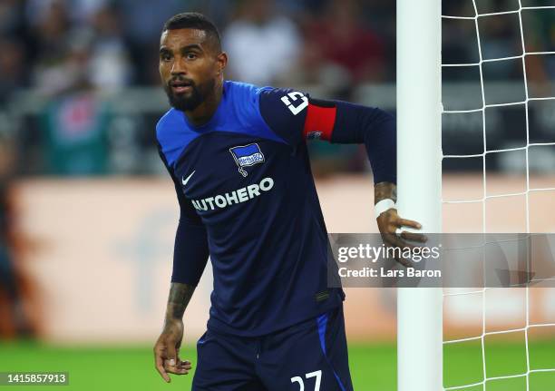 Kevin-Prince Boateng of Hertha reacts during the Bundesliga match between Borussia Mönchengladbach and Hertha BSC at Borussia-Park on August 19, 2022...
