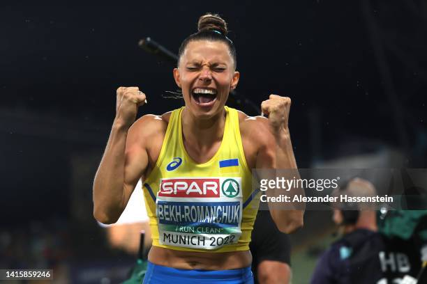 Gold medalist Maryna Bekh-Romanchuk of Ukraine celebrates after the Athletics - Women's Triple Jump Final on day 9 of the European Championships...