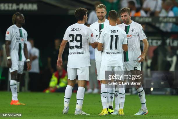 Players of Moenchengladbach celebrate after the Bundesliga match between Borussia Mönchengladbach and Hertha BSC at Borussia-Park on August 19, 2022...