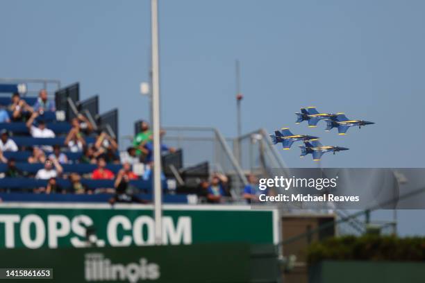 The Blue Angels practice for the Chicago Air & Water Show during the first inning between the Chicago Cubs and the Milwaukee Brewers at Wrigley Field...