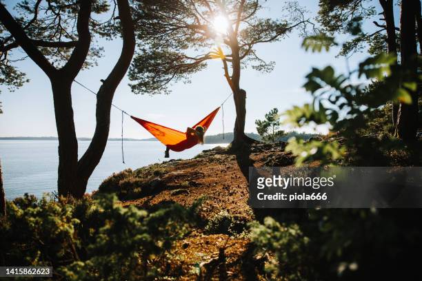 outdoor adventures in norway: hammock relax in nature - summer forest stock pictures, royalty-free photos & images