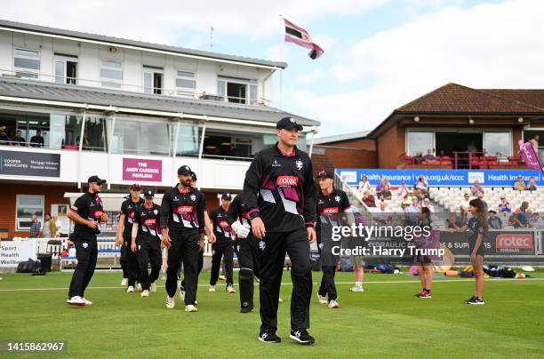 Matthew Renshaw of Somerset leads out their side ahead of the Royal London One Day Cup match between Somerset and Sussex at The Cooper Associates...