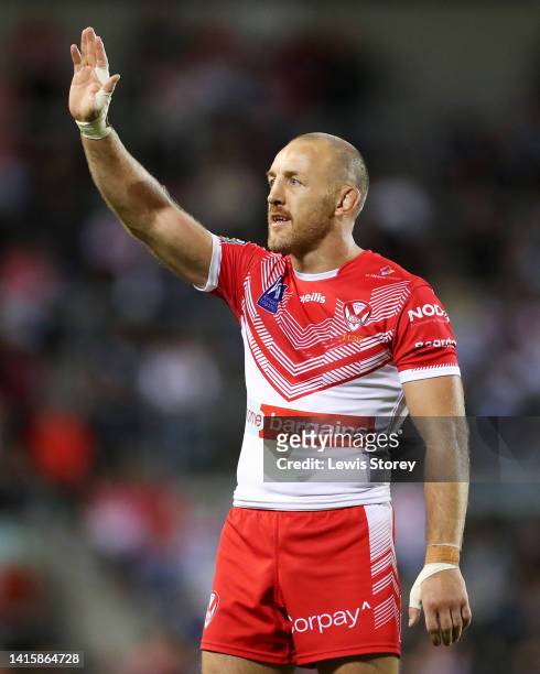 James Roby of St Helens acknowledges the fans following their side's victory in the Betfred Super League match between St Helens and Hull Kingston...