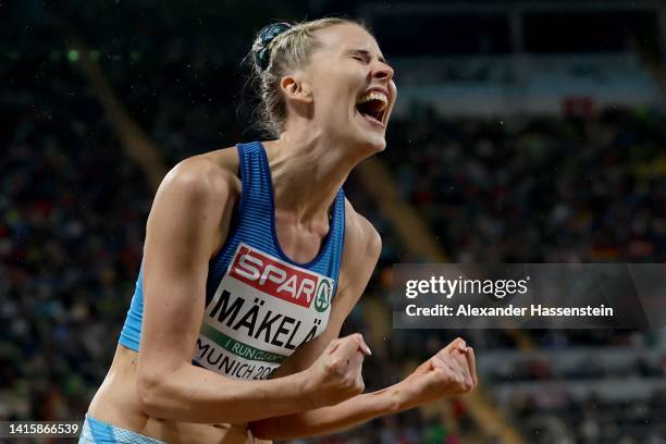 Kristiina Makela of Finland celebrates winning silver in the Women's Triple Jump Final during the Athletics competition on day 9 of the European...