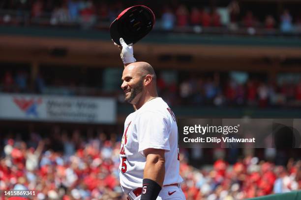 Albert Pujols of the St. Louis Cardinals celebrates after hitting a grand slam against the Colorado Rockies at Busch Stadium on August 18, 2022 in St...