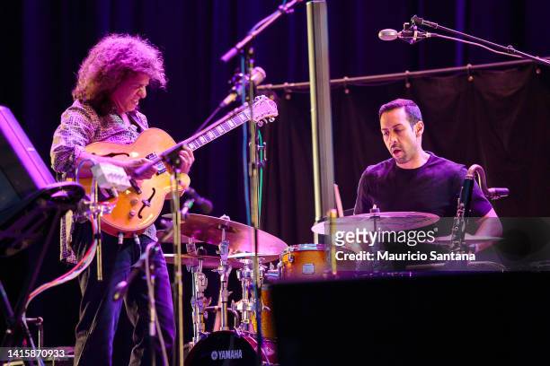 Pat Metheny and Antonio Sanchez members of the band Pat Metheny Unity Band performs live on stage on June 09, 2013 in Sao Paulo, Brazil.