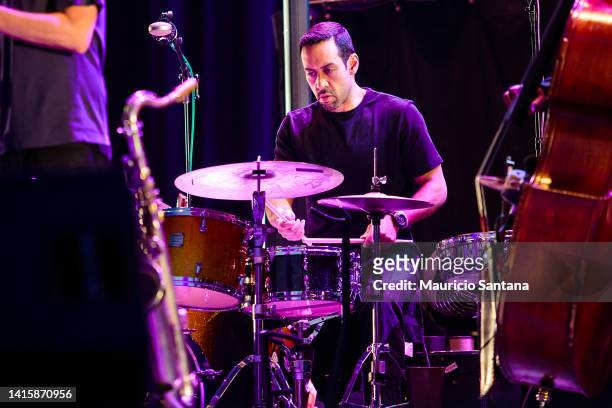 Antonio Sanchez member of the band Pat Metheny Unity Band performs live on stage at the Ibirapuera Park as part of the BMW Jazz Festival on June 09,...