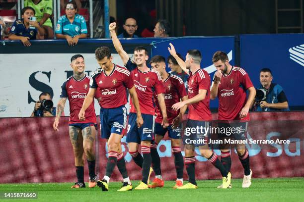 Aimar Oroz of CA Osasuna celebrates after scoring his team's second goal during the LaLiga Santander match between CA Osasuna and Sevilla FC at El...