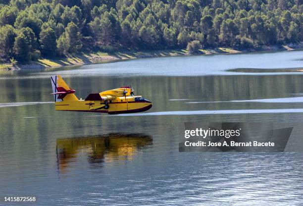 amphibious seaplane, landing on the water of a reservoir to load water to extinguish a forest fire. - watervliegtuig stockfoto's en -beelden