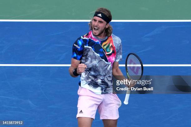 Stefanos Tsitsipas of Greece celebrates after defeating John Isner of the United States in their Men's Singles Quarterfinal match on day seven of the...
