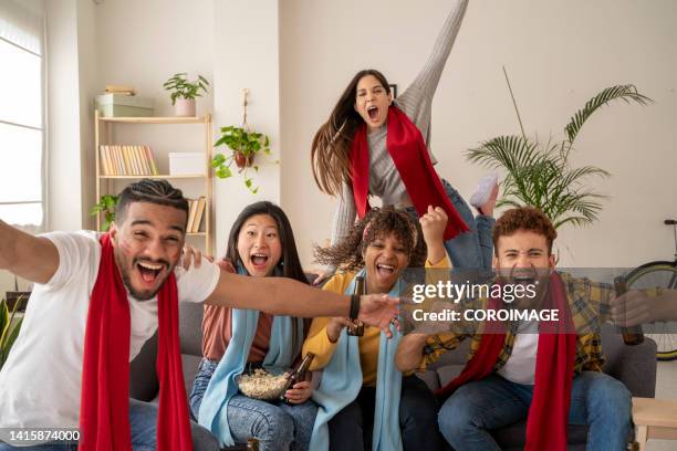 excited fans shouting while watching match on tv. - basketball match on tv stockfoto's en -beelden