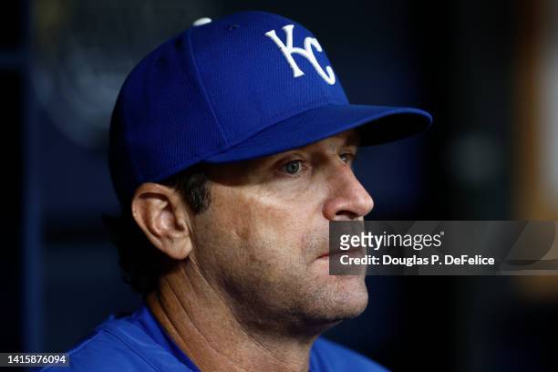 Manager Mike Matheny of the Kansas City Royals looks on prior to the game against the Tampa Bay Rays at Tropicana Field on August 18, 2022 in St...