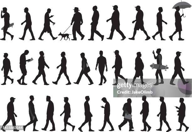 illustrazioni stock, clip art, cartoni animati e icone di tendenza di uomini che camminano silhouettes 4 - figura intera
