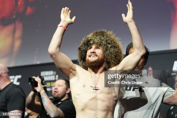 Merab Dvalishvili of Georgia poses on stage during the UFC 278 ceremonial weigh-in at Vivint Arena on August 19, 2022 in Salt Lake City, Utah.