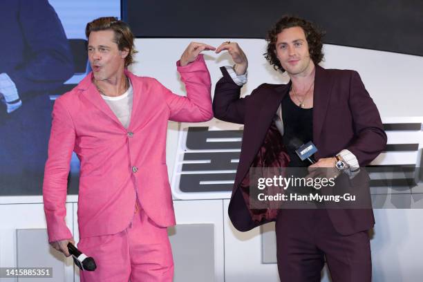 Actors Brad Pitt and Aaron Taylor-Johnson attend the "Bullet Train" premiere at Yongsan CGV on August 19, 2022 in Seoul, South Korea. The film will...